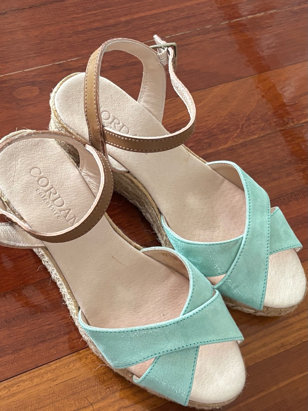 Cordani Mint Suede Espadrille Wedges with Tan Ankle Strap